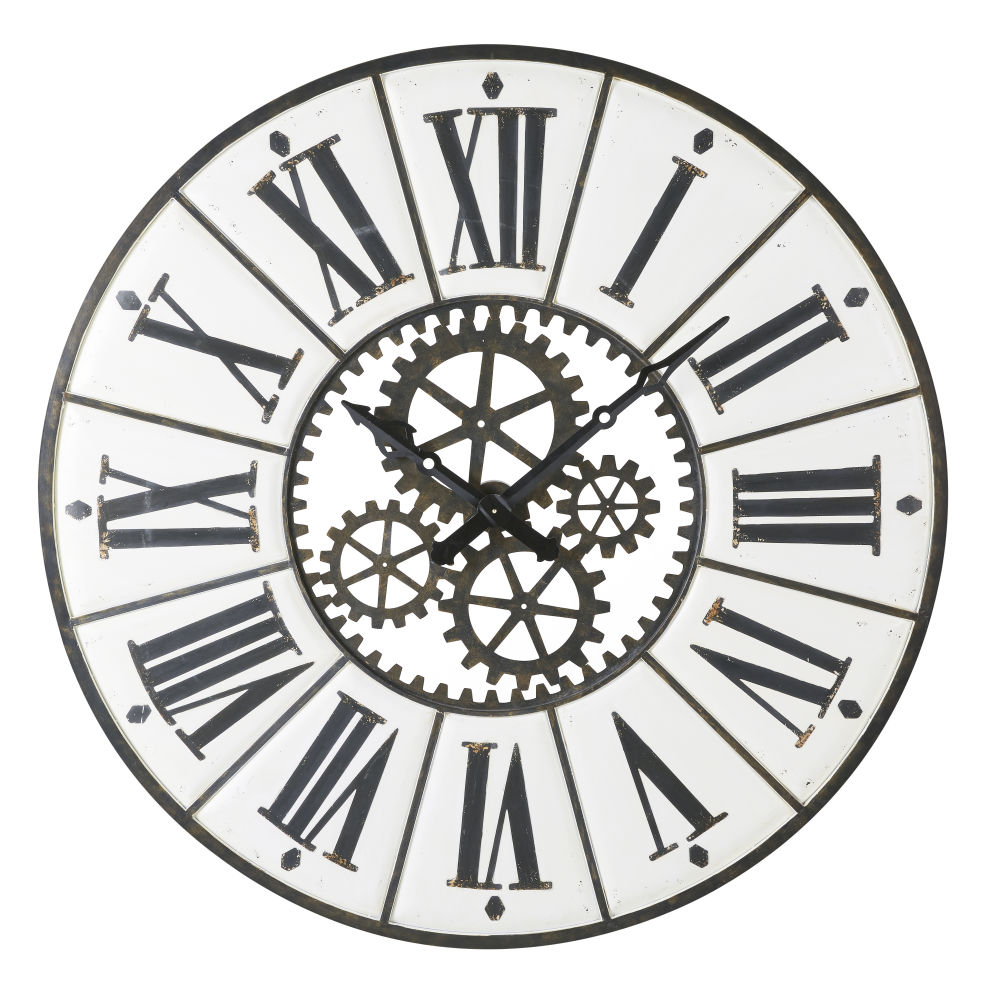 Horloge en métal blanc et noir avec rouages D139
