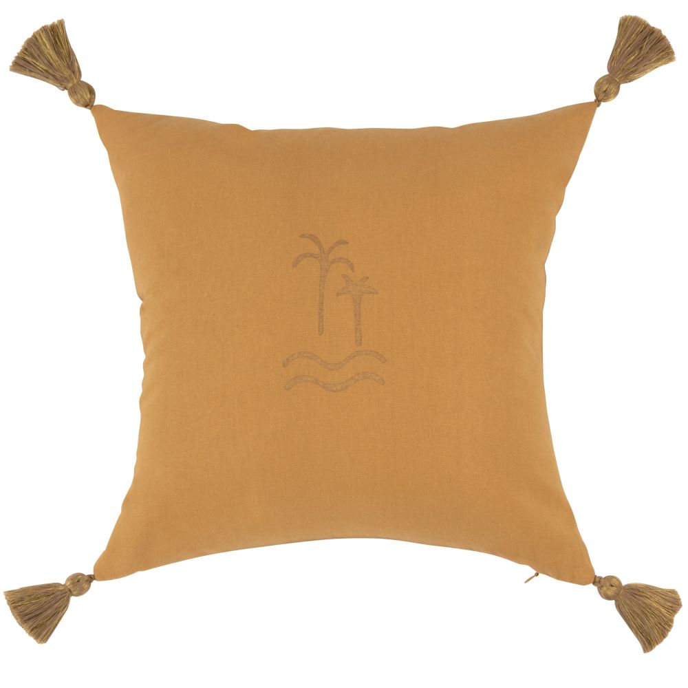 Housse de coussin en coton bio motifs palmiers et pompons jaune moutarde, doré et brun 40x40 Housse de coussin en coton bio motifs palmiers et pompons jaune moutarde, doré et brun 40x40