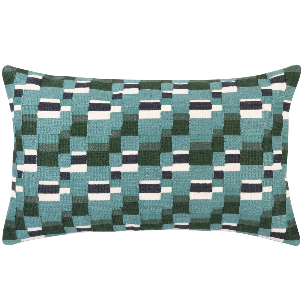 Housse de coussin en coton vert brodé bleu et blanc 50x30 Housse de coussin en coton vert brodé bleu et blanc 50x30