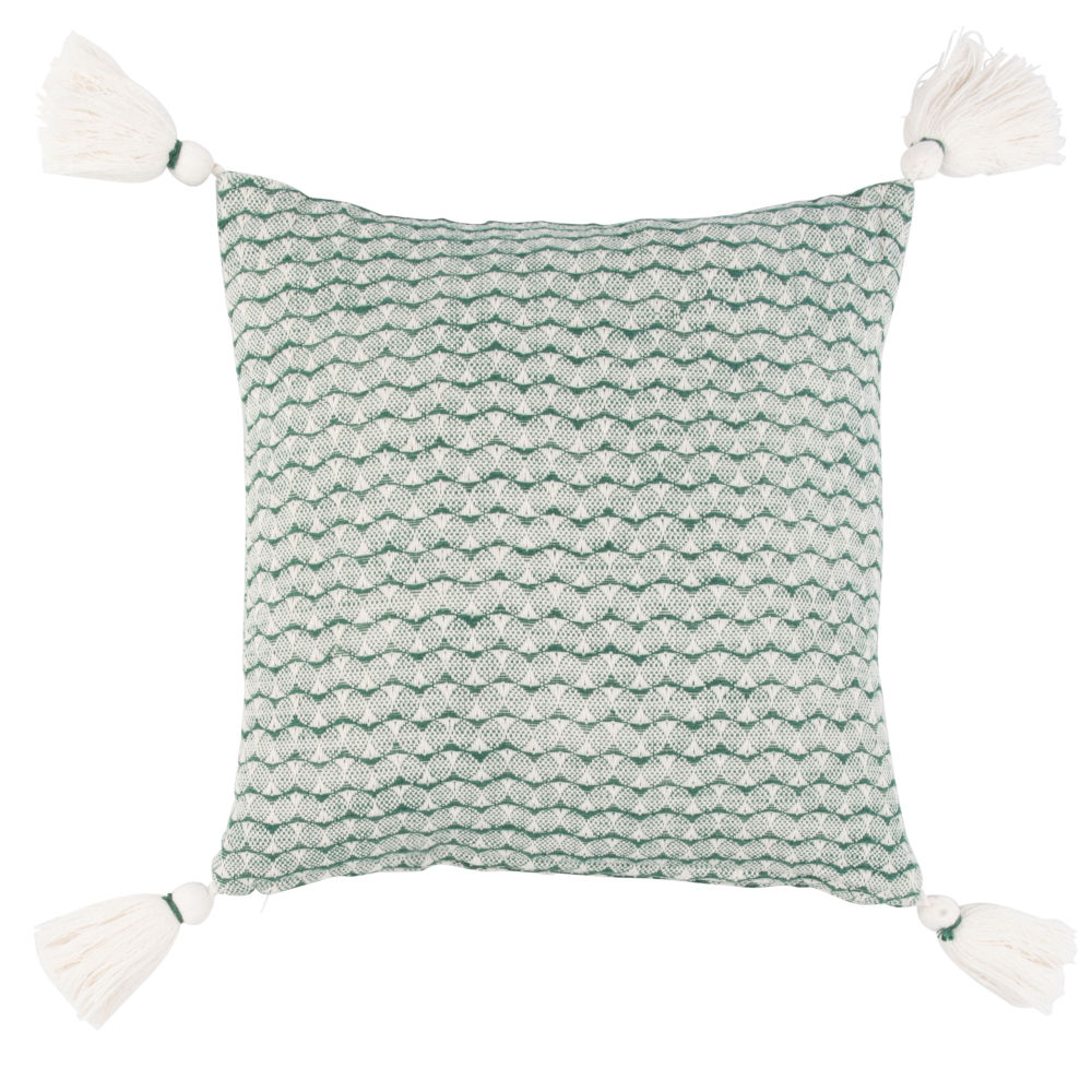 Housse de coussin en coton vert et écru à pompons 40x40 Housse de coussin en coton vert et écru à pompons 40x40