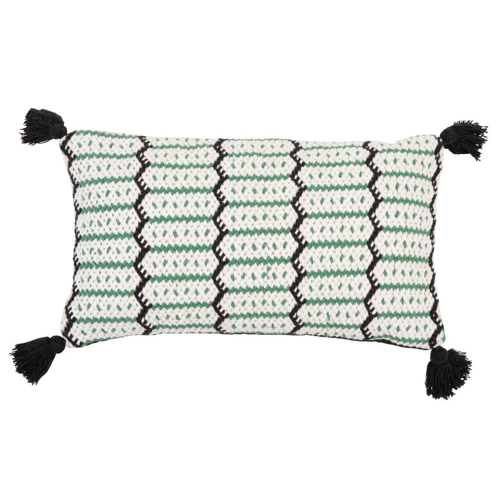 Housse de coussin en coton vert, noir et écru à pompons 30x50 Housse de coussin en coton vert, noir et écru à pompons 30x50