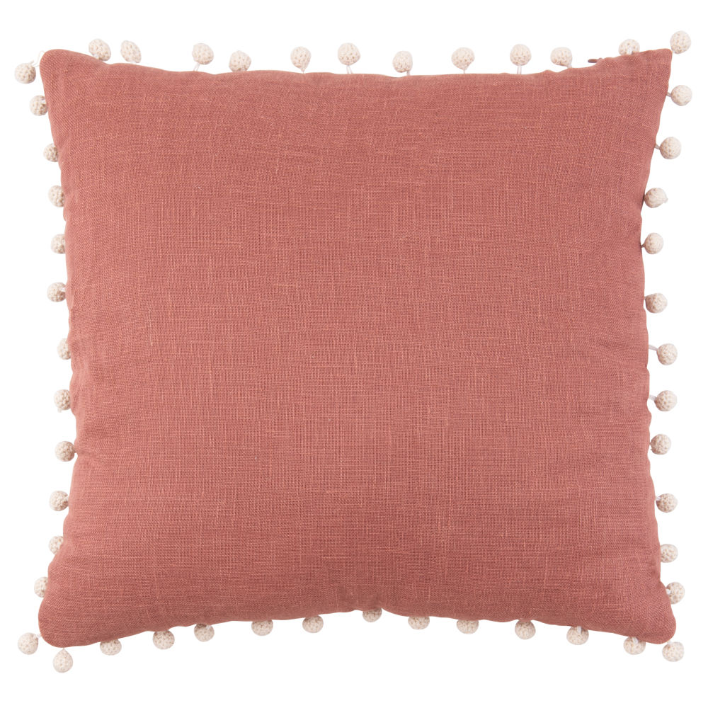 Housse de coussin en lin terracotta à pompons beige 40x40