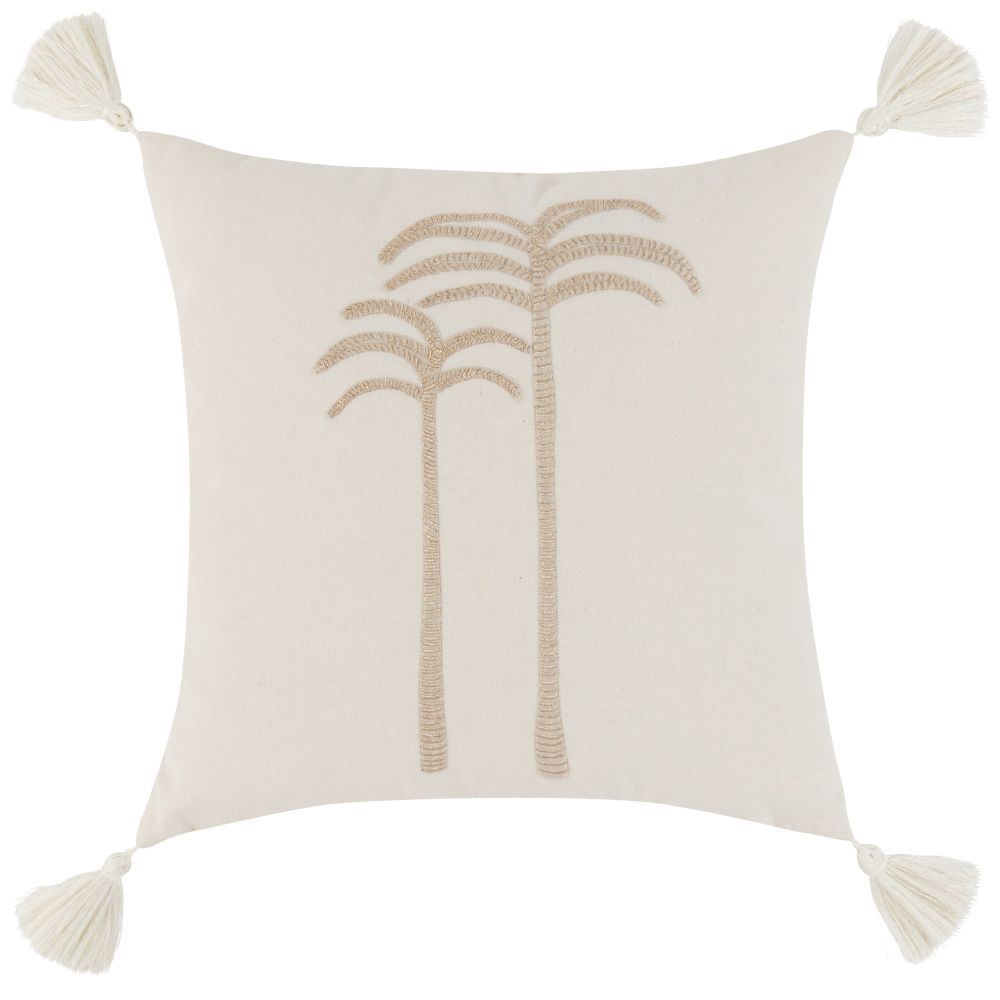 Housse de coussin motifs palmiers brodés et pompons beiges et dorés 40x40