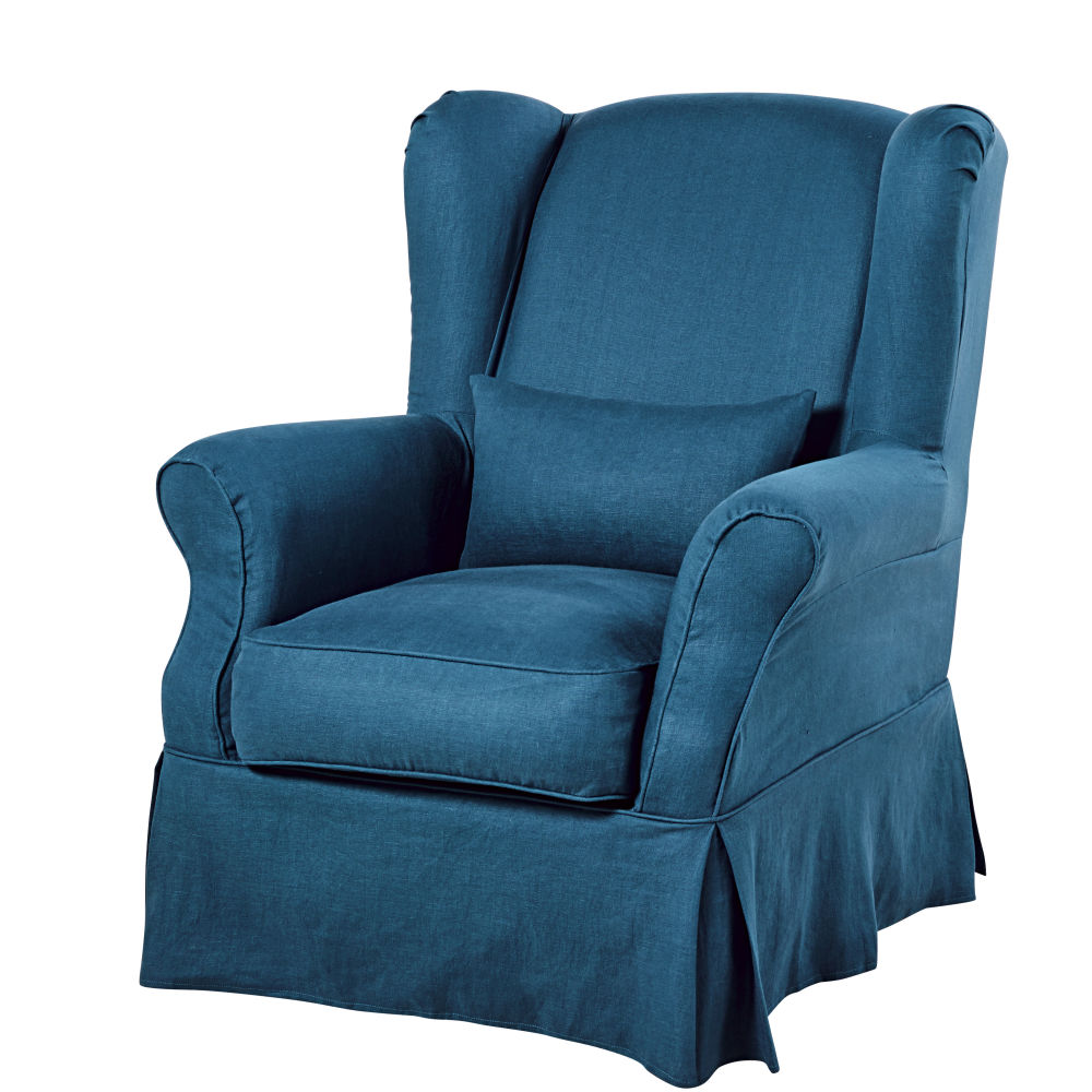 Housse de fauteuil en lin lavé bleu paon