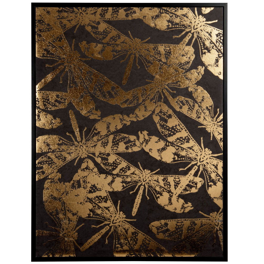 Impression  libellules dorées sur toile noire, cadre en bois noir 47x62