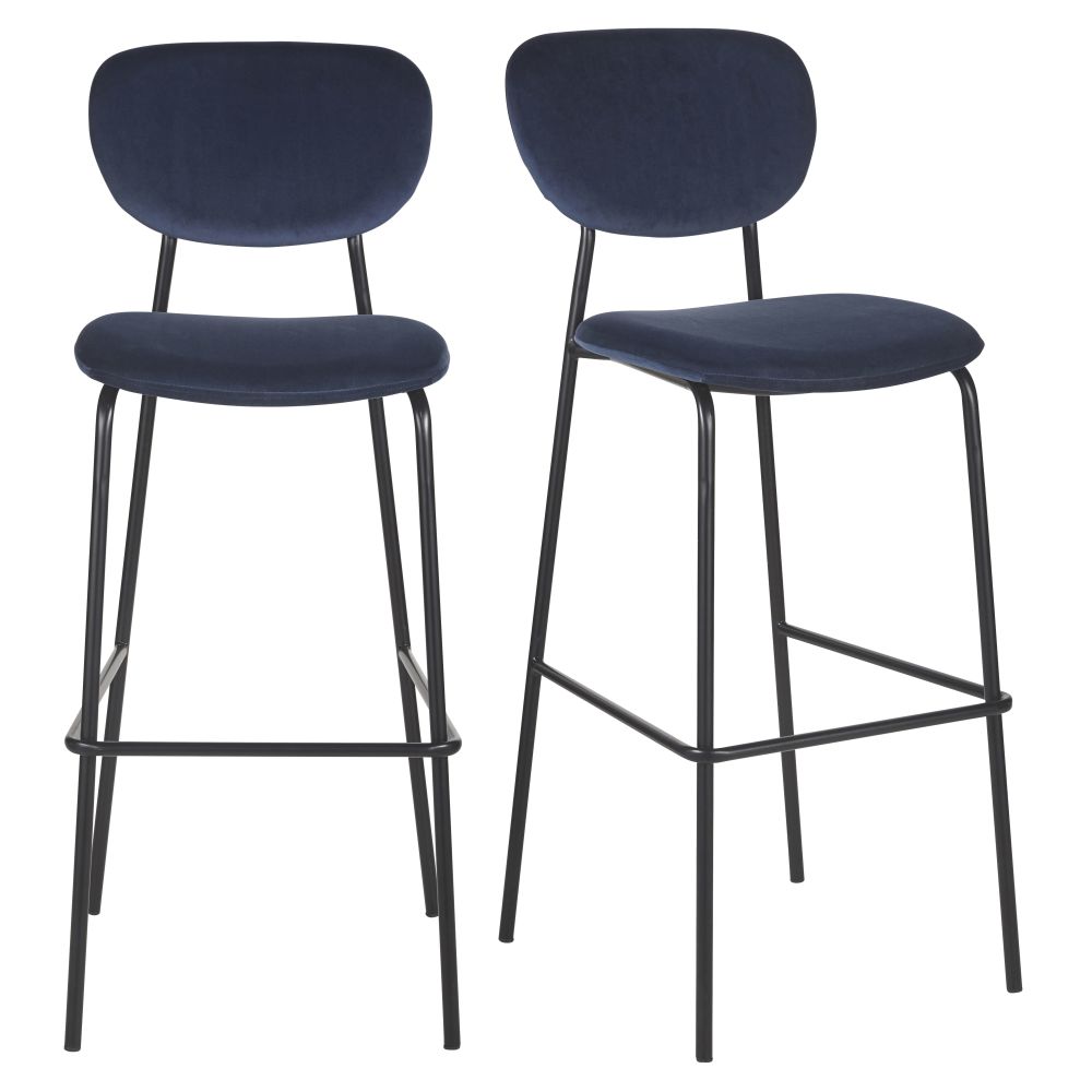 Juego de 2 sillas altas profesionales de terciopelo azul y metal negro Estilo contemporáneo Metal Maisons du monde