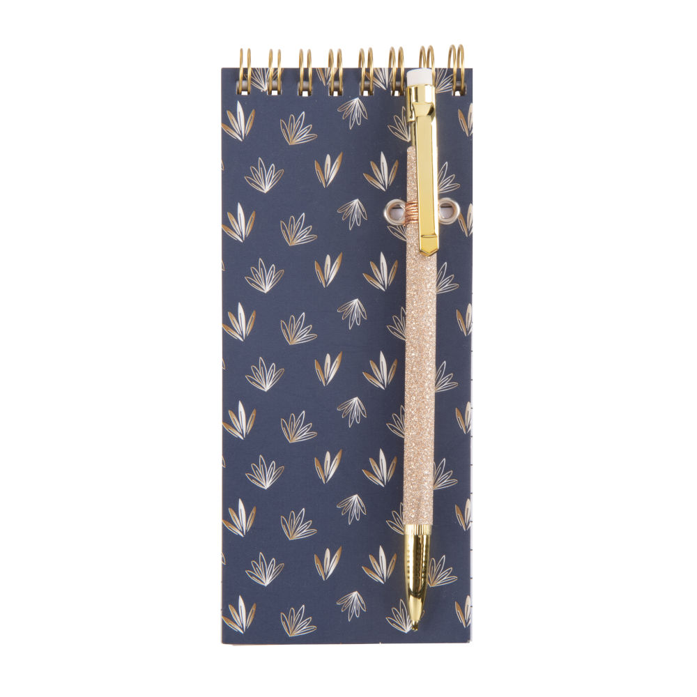 Kit bloc-notes bleu motifs feuilles et critérium doré Kit bloc-notes bleu motifs feuilles et critérium doré