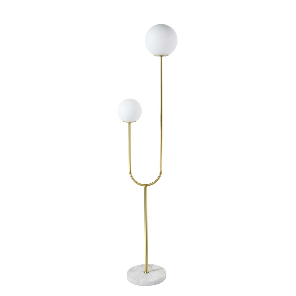 Lampadaire 2 globes en métal doré et marbre blanc H156