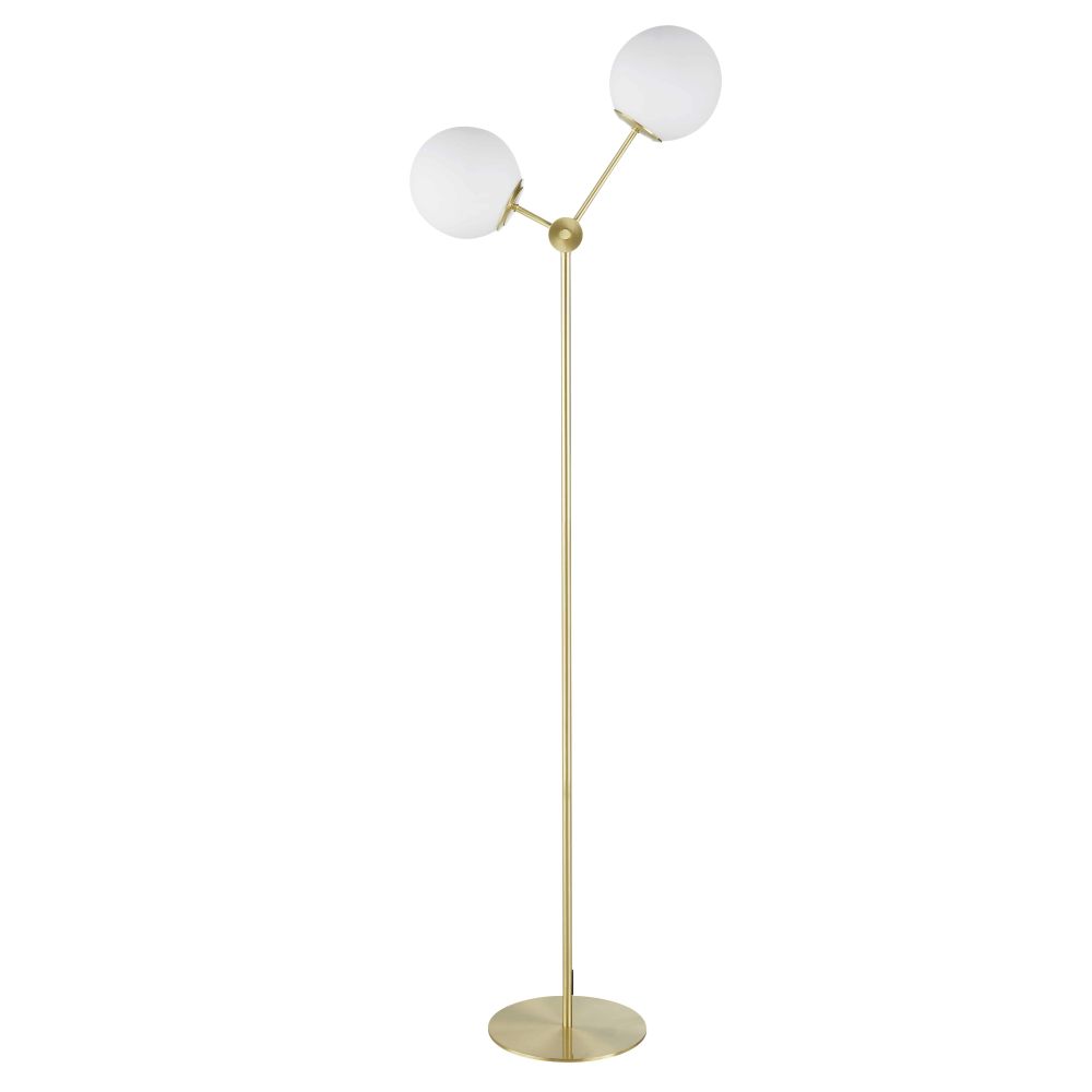 Lampadaire 2 globes en verre opalin et métal doré H145 (photo) Lampadaire 2 globes en verre opalin et métal doré H145