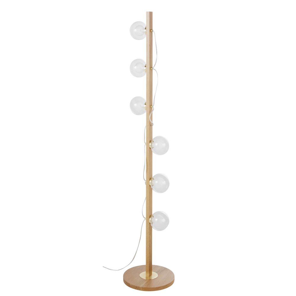 Lampadaire 6 globes en verre opalin et chêne, métal doré H142 (photo) Lampadaire 6 globes en verre opalin et chêne, métal doré H142