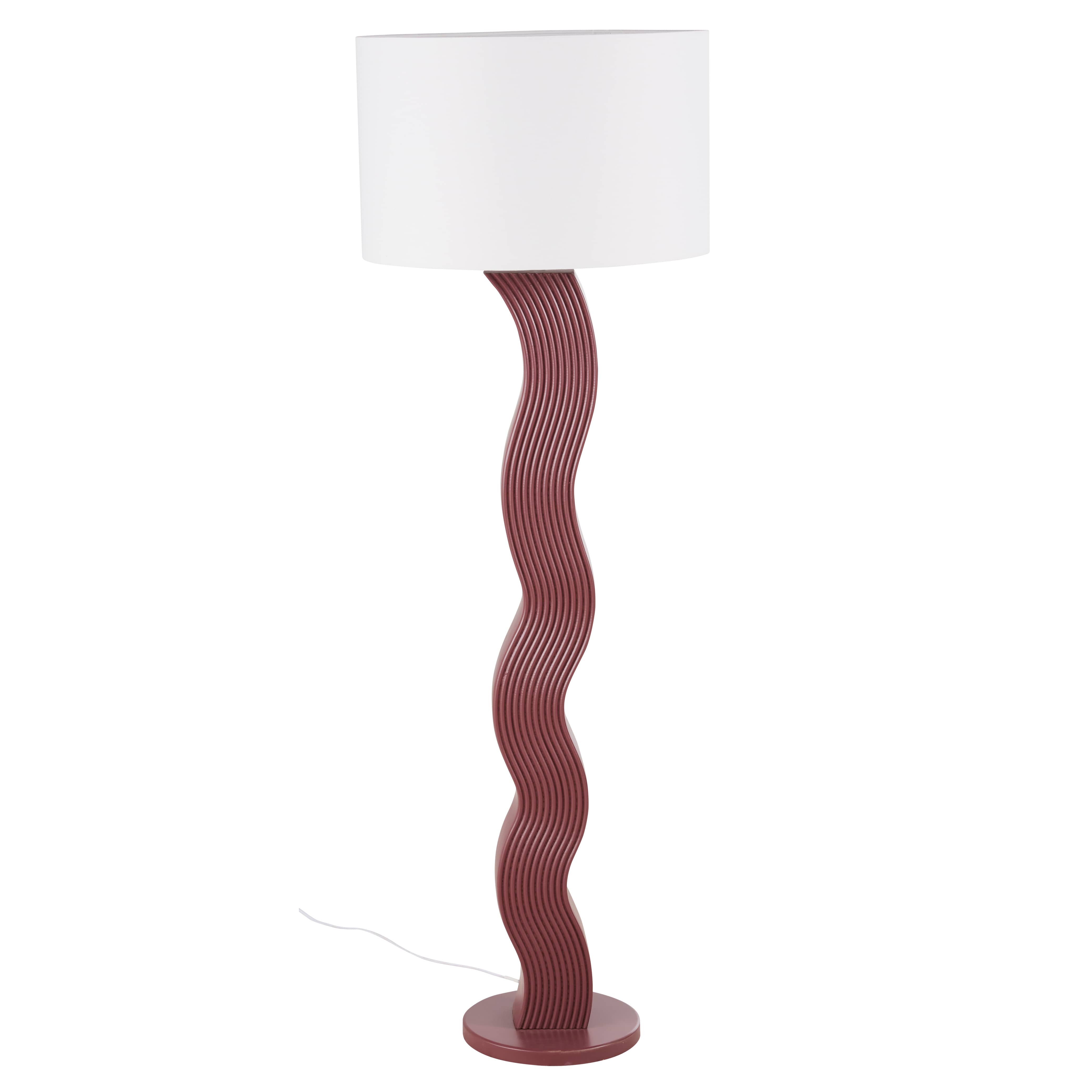 Lampadaire en bois d&rsquo;ailante strié prune et abat-jour en lin blanc H172