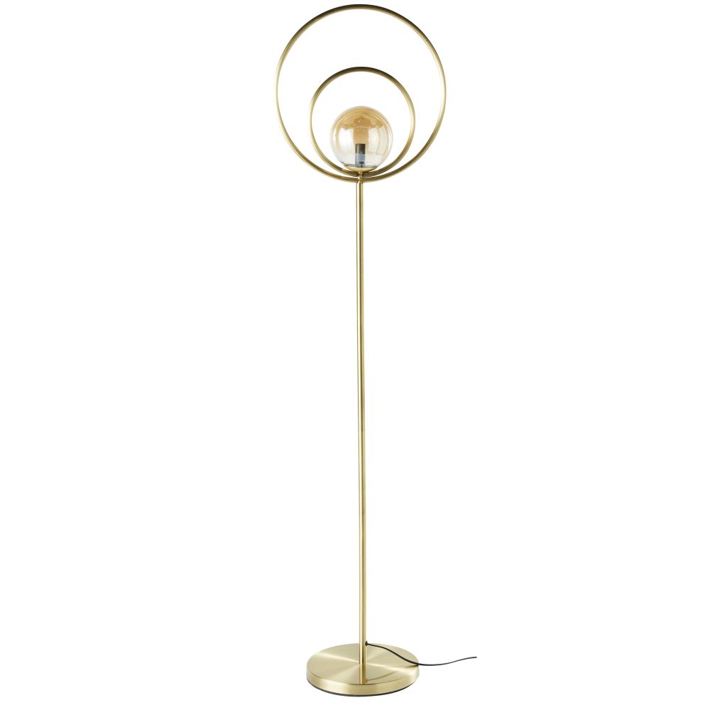 Lampadaire globe en verre teintÃ© ambrÃ© et mÃ©tal dorÃ© H162
