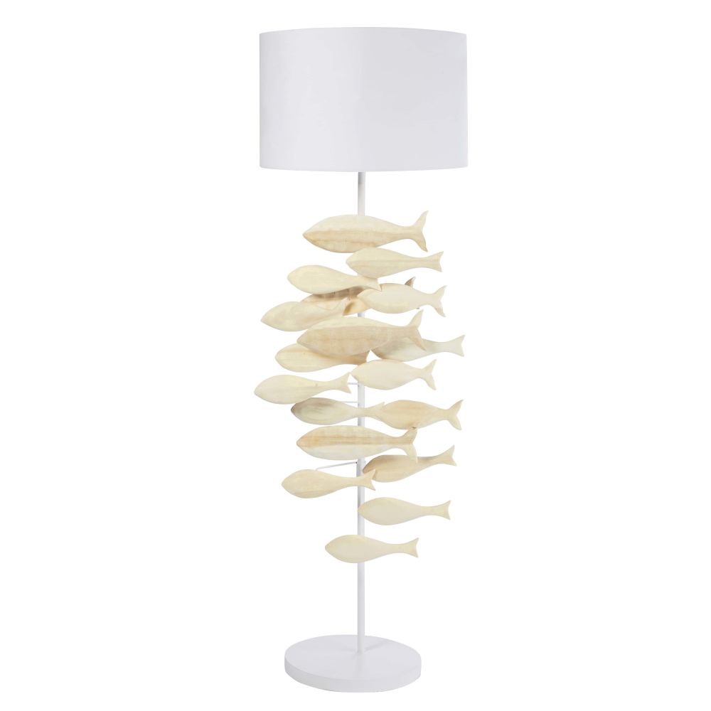 Lampadaire poissons en acacia sculpté à la main et abat-jour blanc H161 (photo) Lampadaire poissons en acacia sculpté à la main et abat-jour blanc H161