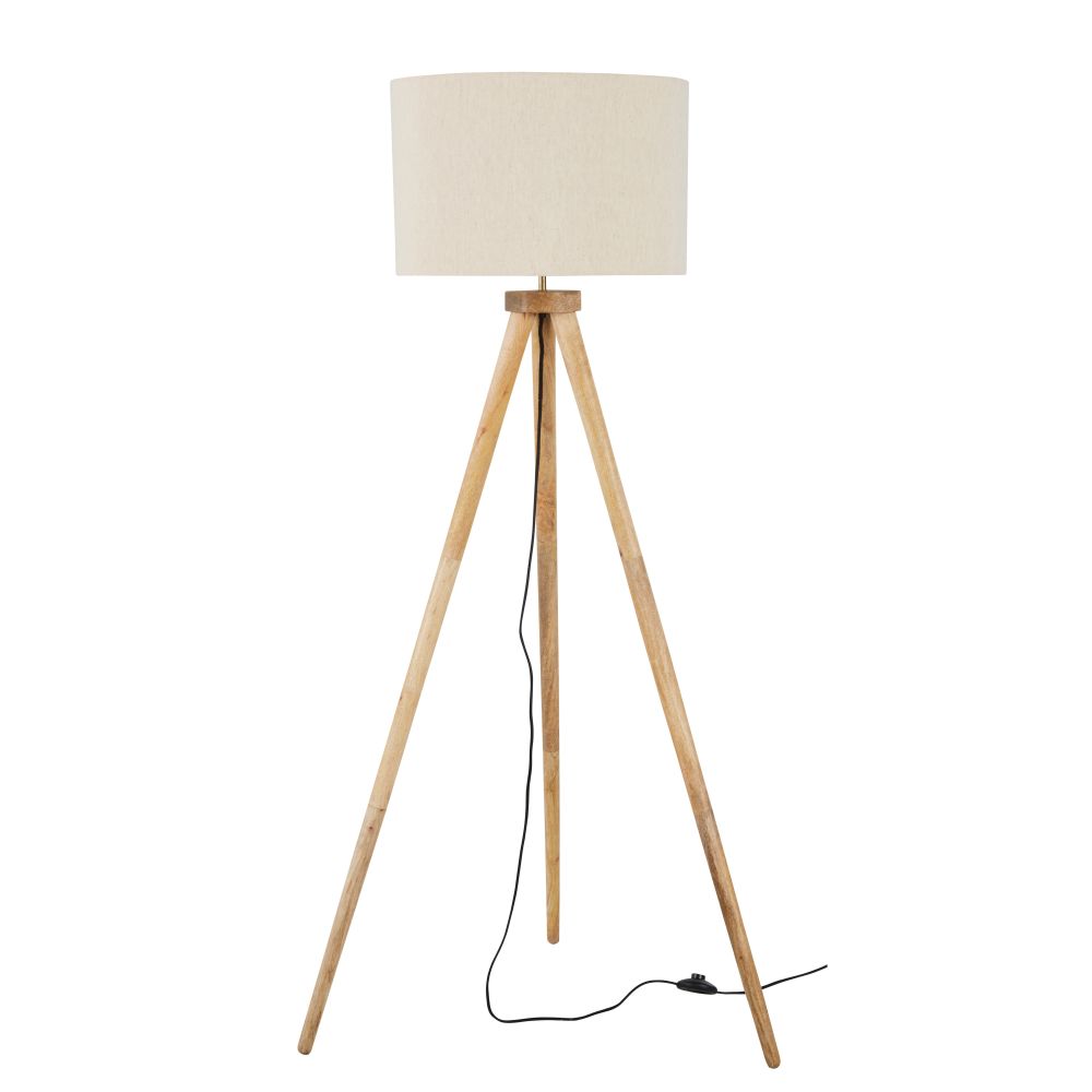 Lampadaire trépied en bois de manguier et abat-jour en lin beige H150