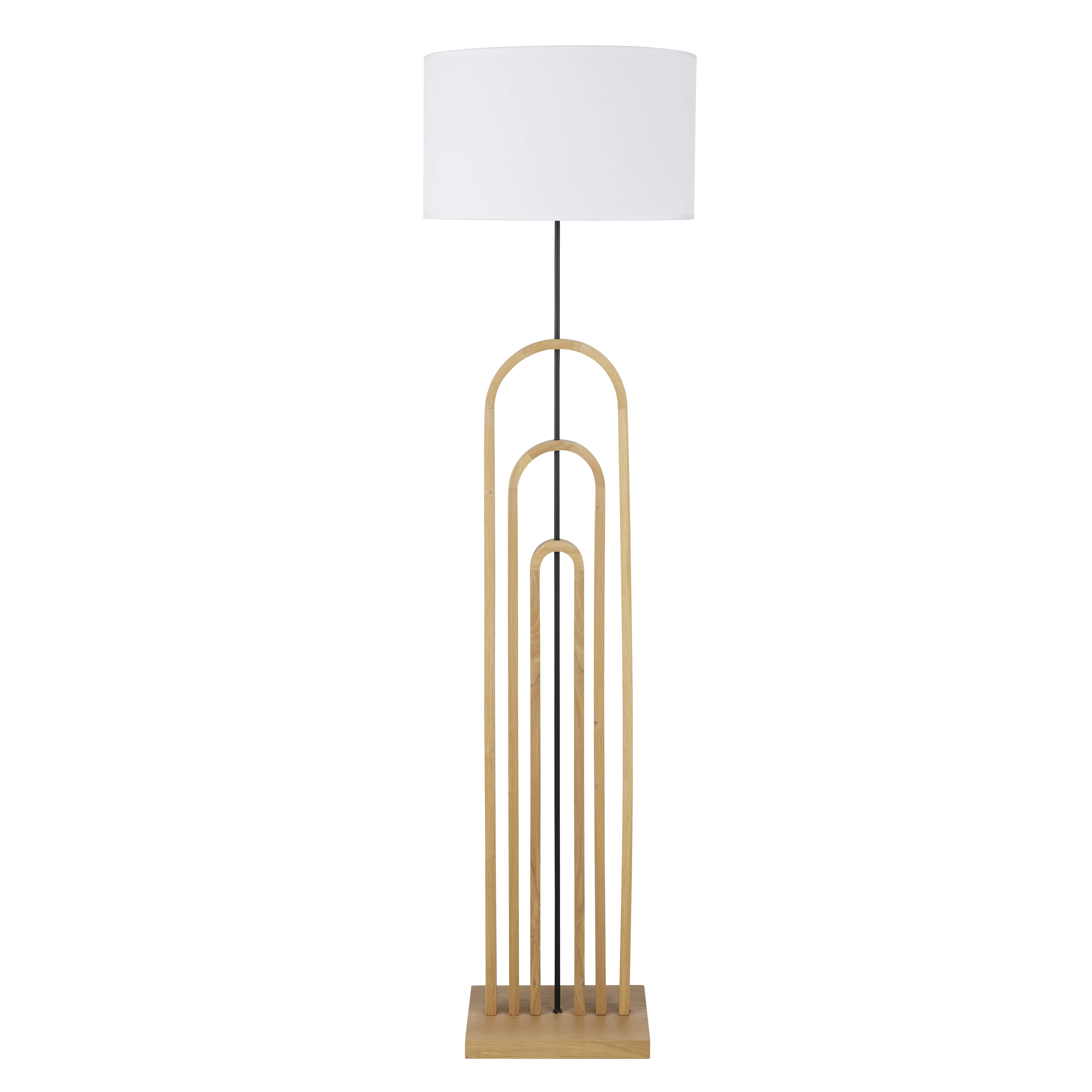 Lampadaire vintage en chêne et abat-jour blanc H159