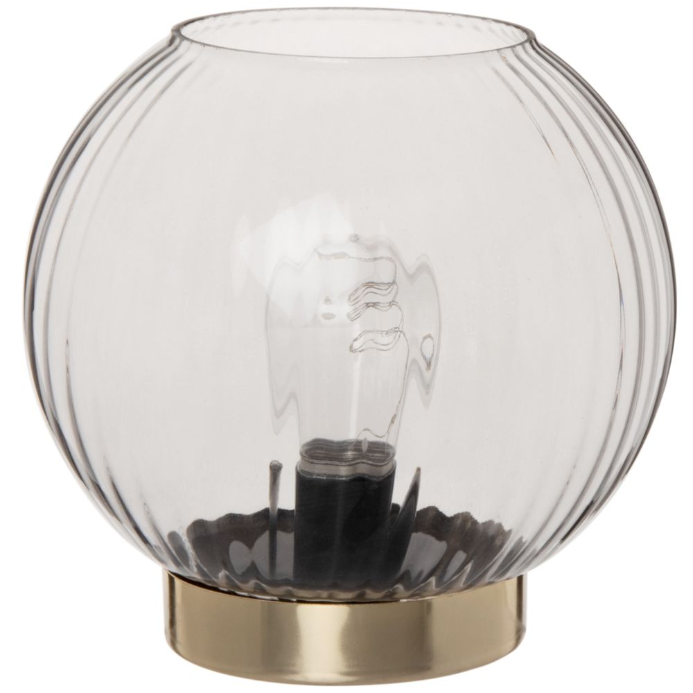 Lampe boule en verre strié teinté bleu gris et métal doré Lampe boule en verre strié teinté bleu gris et métal doré