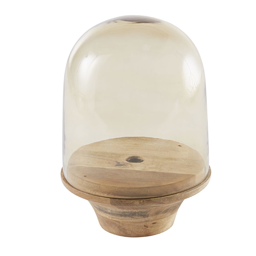 Lampe de chevet en bois de manguier sculpté et cloche en verre ambré