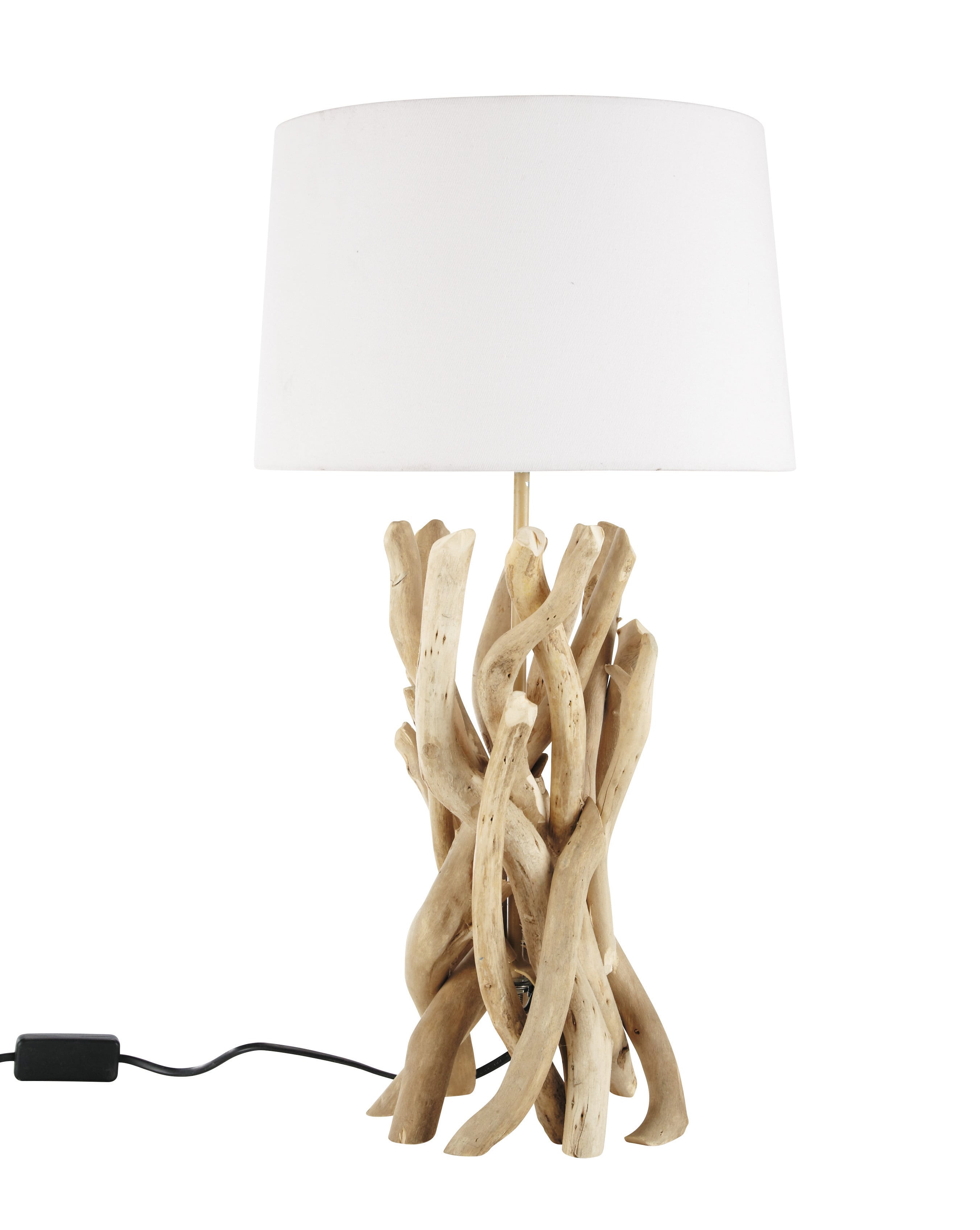 lampe en bois flotté et abat-jour en coton h 55 cm nirvana