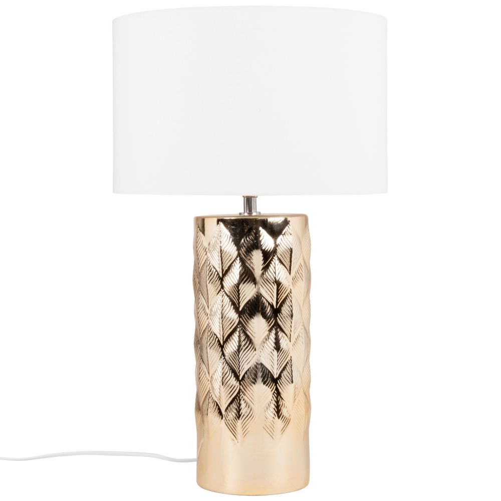 Lampe en céramique dorée motif feuilles et abat-jour en coton écru Lampe en céramique dorée motif feuilles et abat-jour en coton écru