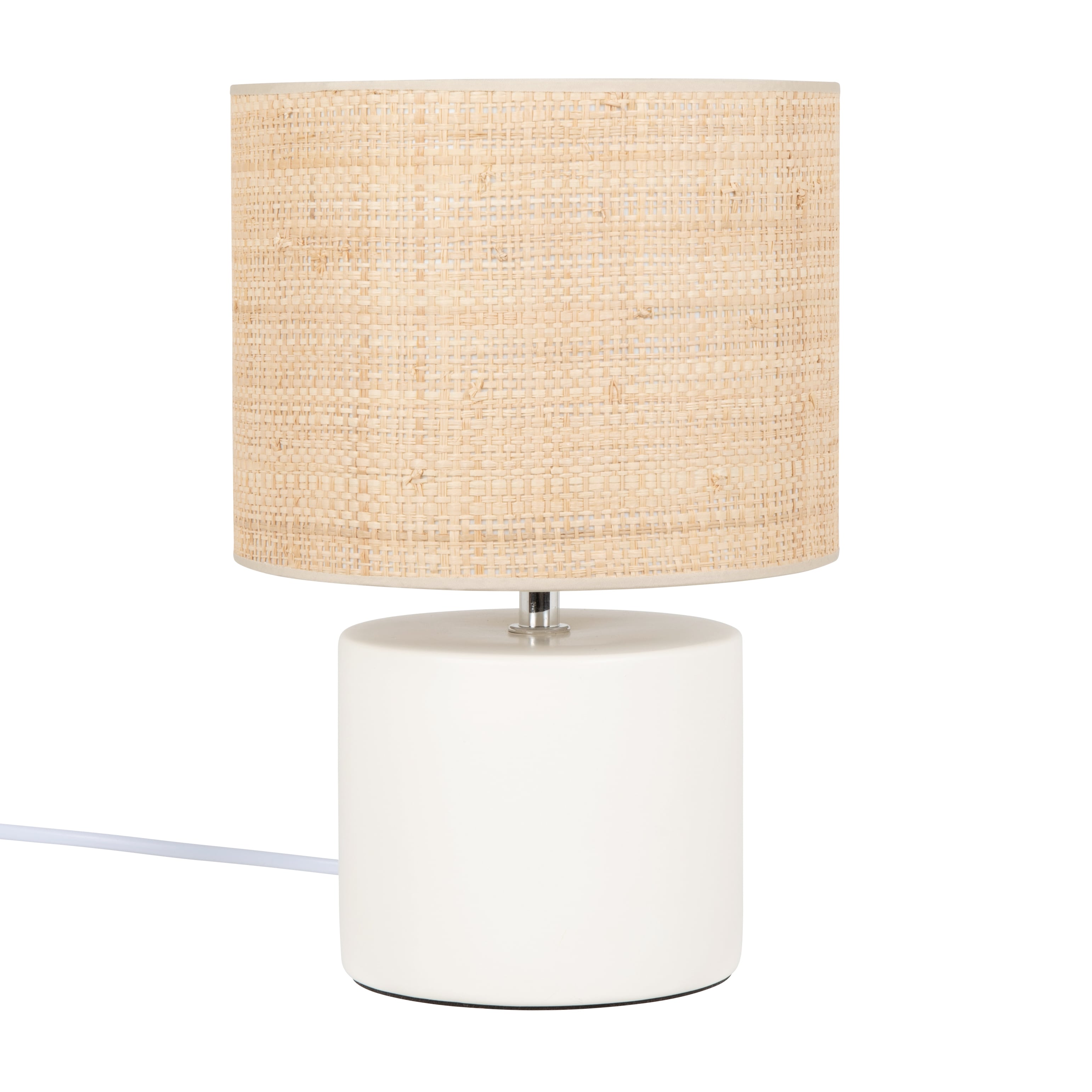 Lampe en dolomite blanche et abat-jour en raphia