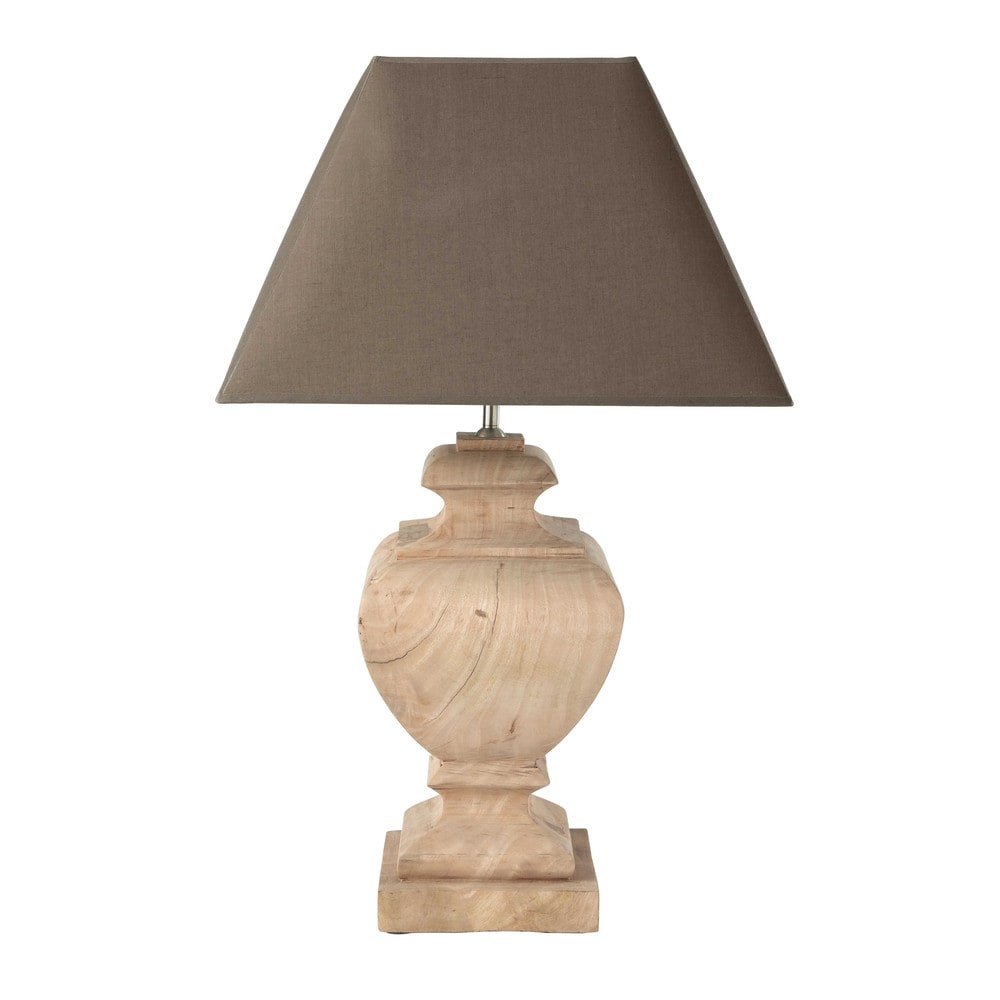 Lampe en manguier et abat-jour en coton taupe H 80 cm