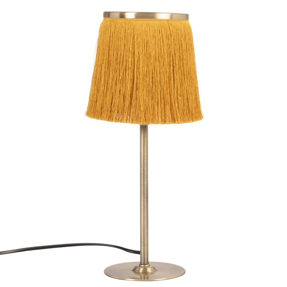 Lampe en métal doré et abat-jour à franges en coton jaune moutarde Lampe en métal doré et abat-jour à franges en coton jaune moutarde