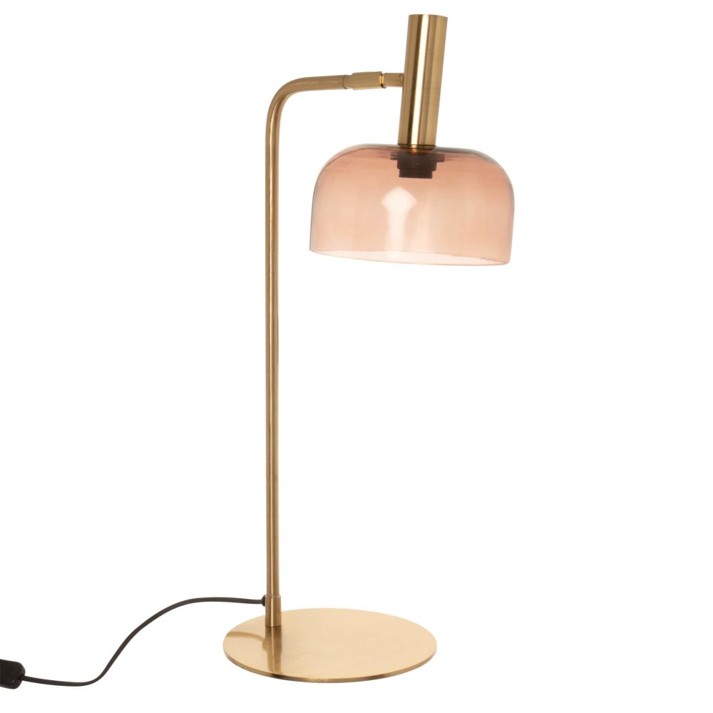 Lampe en métal doré et abat-jour en verre teinté rose Lampe en métal doré et abat-jour en verre teinté rose