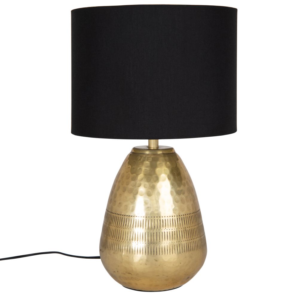 Lampe en métal gravé doré et abat-jour en coton noir