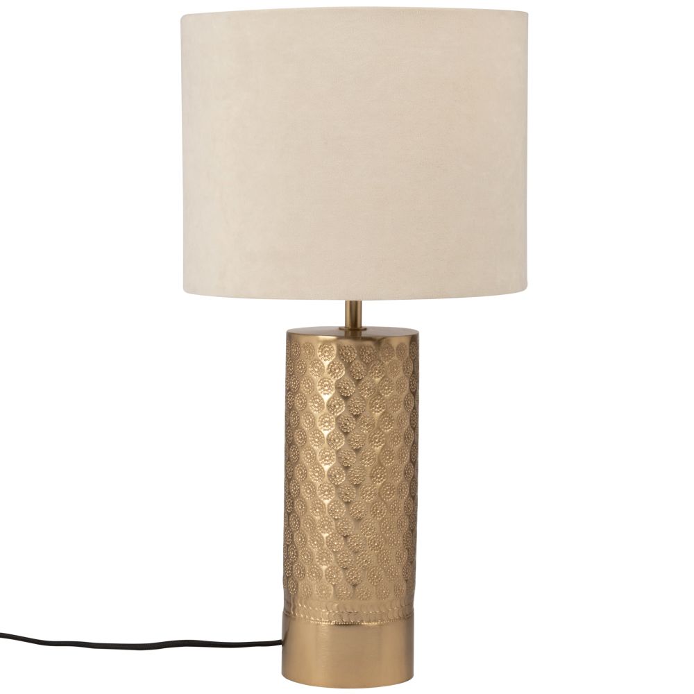 Lampe en métal gravé doré et abat-jour en velours taupe Lampe en métal gravé doré et abat-jour en velours taupe
