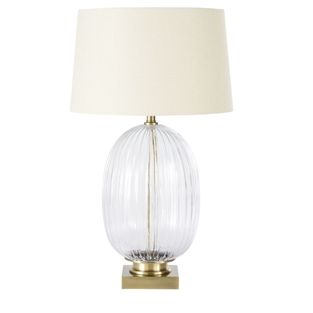 Lampe en verre ciselé et métal doré abat-jour blanc Lampe en verre ciselé et métal doré abat-jour blanc