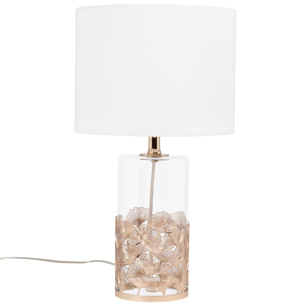 Lampe en verre motifs gingko en métal doré et abat-jour en coton blanc Lampe en verre motifs gingko en métal doré et abat-jour en coton blanc