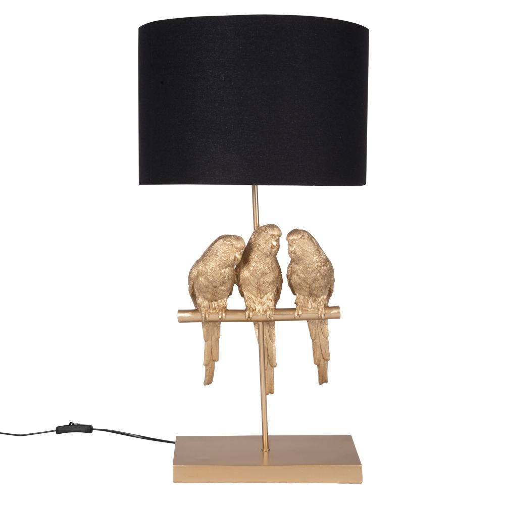 Lampe perroquets dorés et abat-jour en coton noir