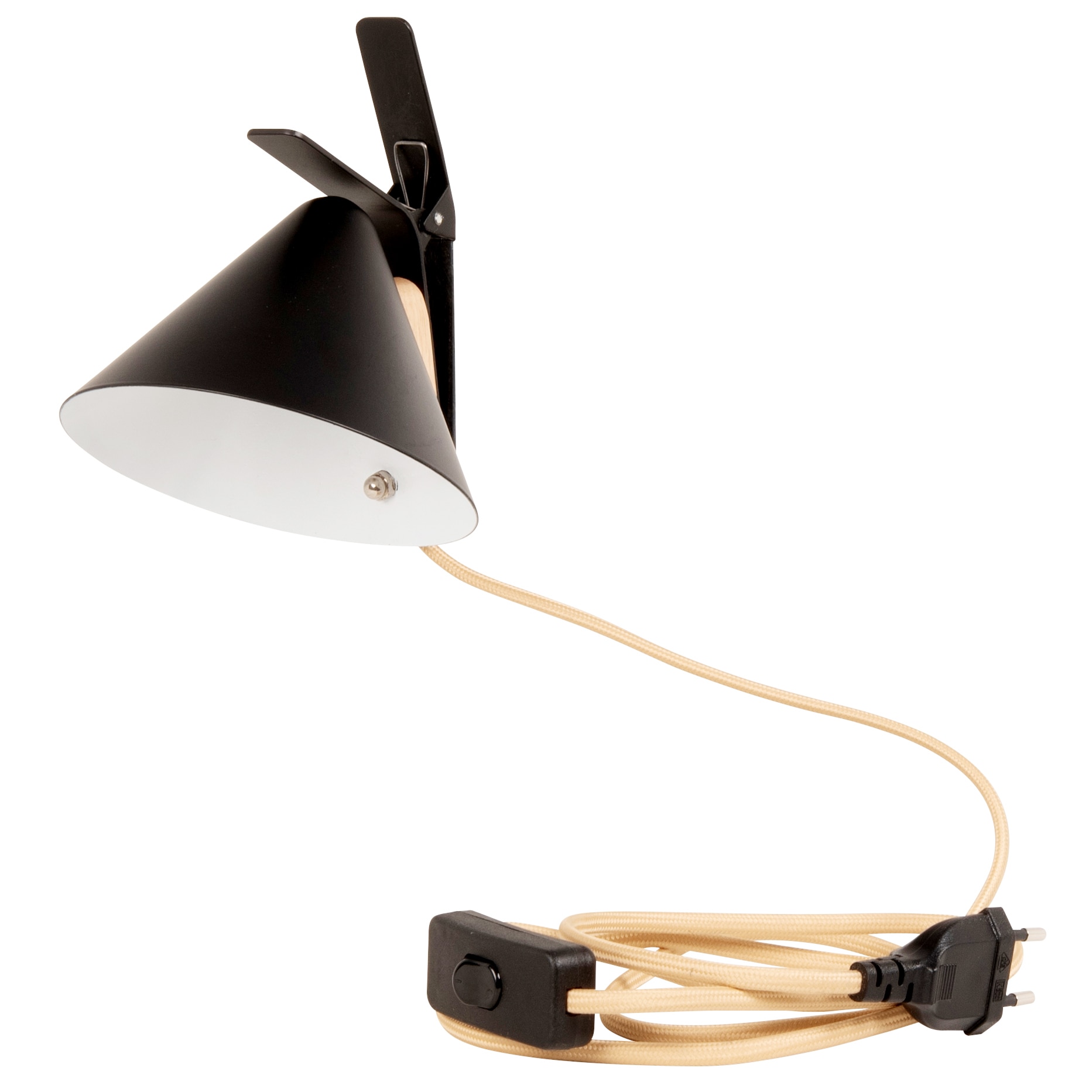 Lampe pince en bois d&rsquo;hévéa et métal noir mat