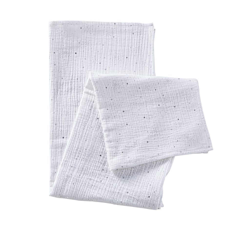 Lange bébé en coton blanc motifs étoiles grises et argentées 120x120 (photo) Lange bébé en coton blanc motifs étoiles grises et argentées 120x120