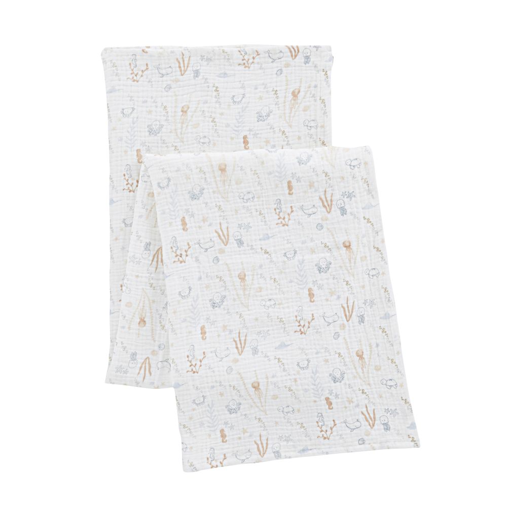 Lange bébé en gaze de coton bio corail et bleu imprimé fonds marins 120x120 Lange bébé en gaze de coton bio corail et bleu imprimé fonds marins 120x120