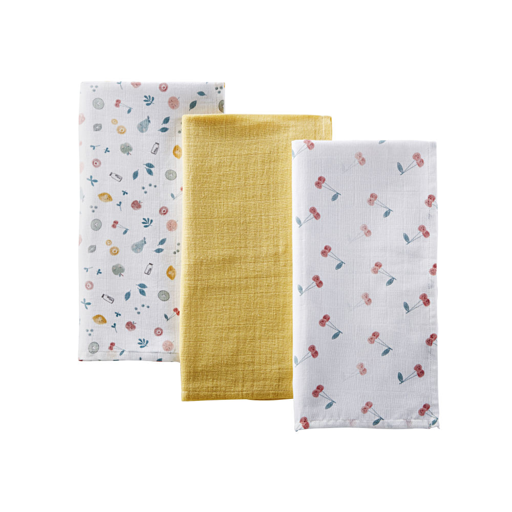 Langes bébé en coton jaune et à motifs multicolores (x3) (photo) Langes bébé en coton jaune et à motifs multicolores (x3)