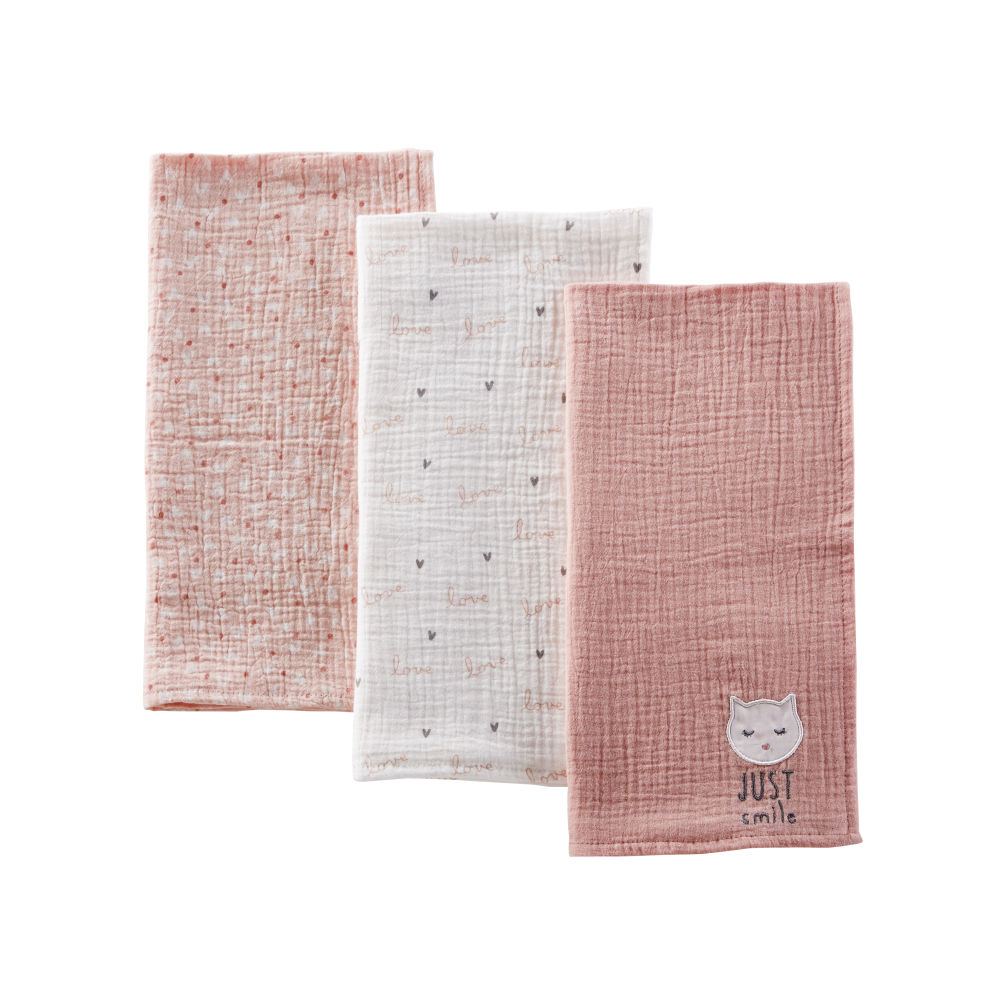 Langes bébé en coton rose, blanc et gris (x3) (photo) Langes bébé en coton rose, blanc et gris (x3)