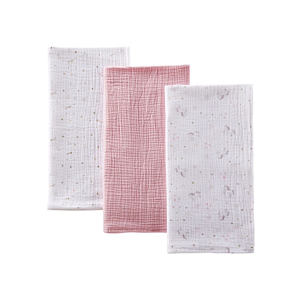 Langes bébé en coton rose, doré et blanc (x3) (photo) Langes bébé en coton rose, doré et blanc (x3)