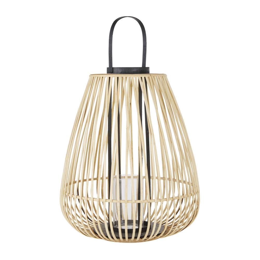 Lanterne avec anse en bambou beige et noir Lanterne avec anse en bambou beige et noir