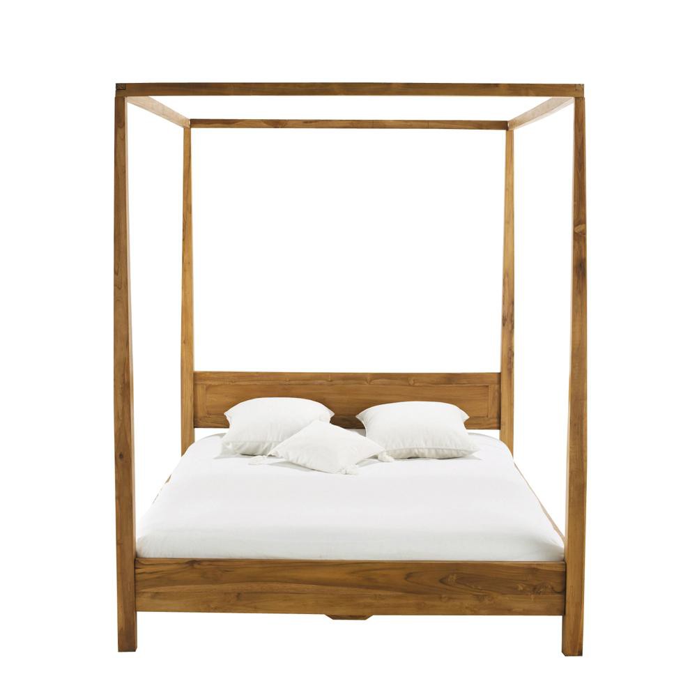 lit à baldaquin 160x200 en bois d'acacia avec sommier à lattes en bois de pin