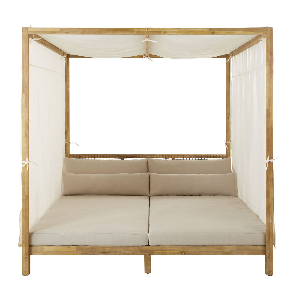 Lit à baldaquin d'extérieur en bois d'acacia et résine tressée avec toile taupe clair