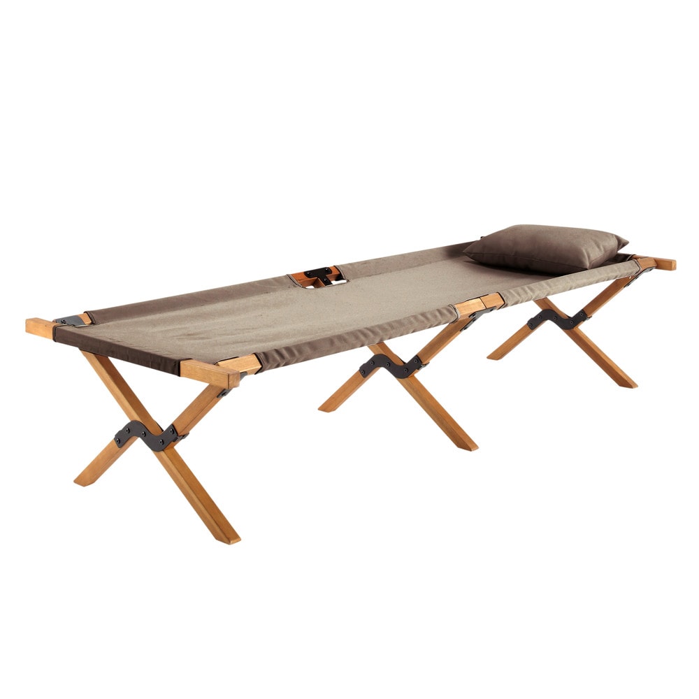 Lit de camp en acacia et tissu taupe L195