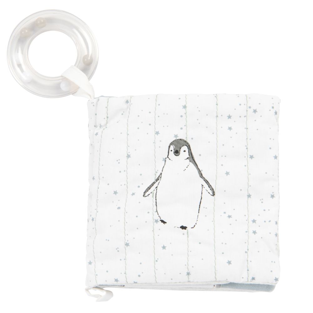 Livre d'éveil bébé blanc motif pingouin gris