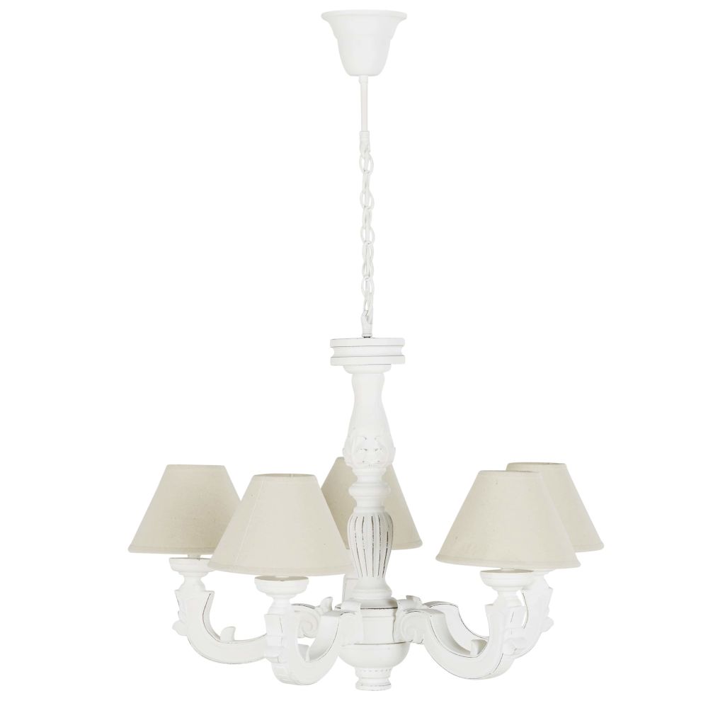 Lustre blanc effet vieilli et abat-jours beiges Lustre blanc effet vieilli et abat-jours beiges