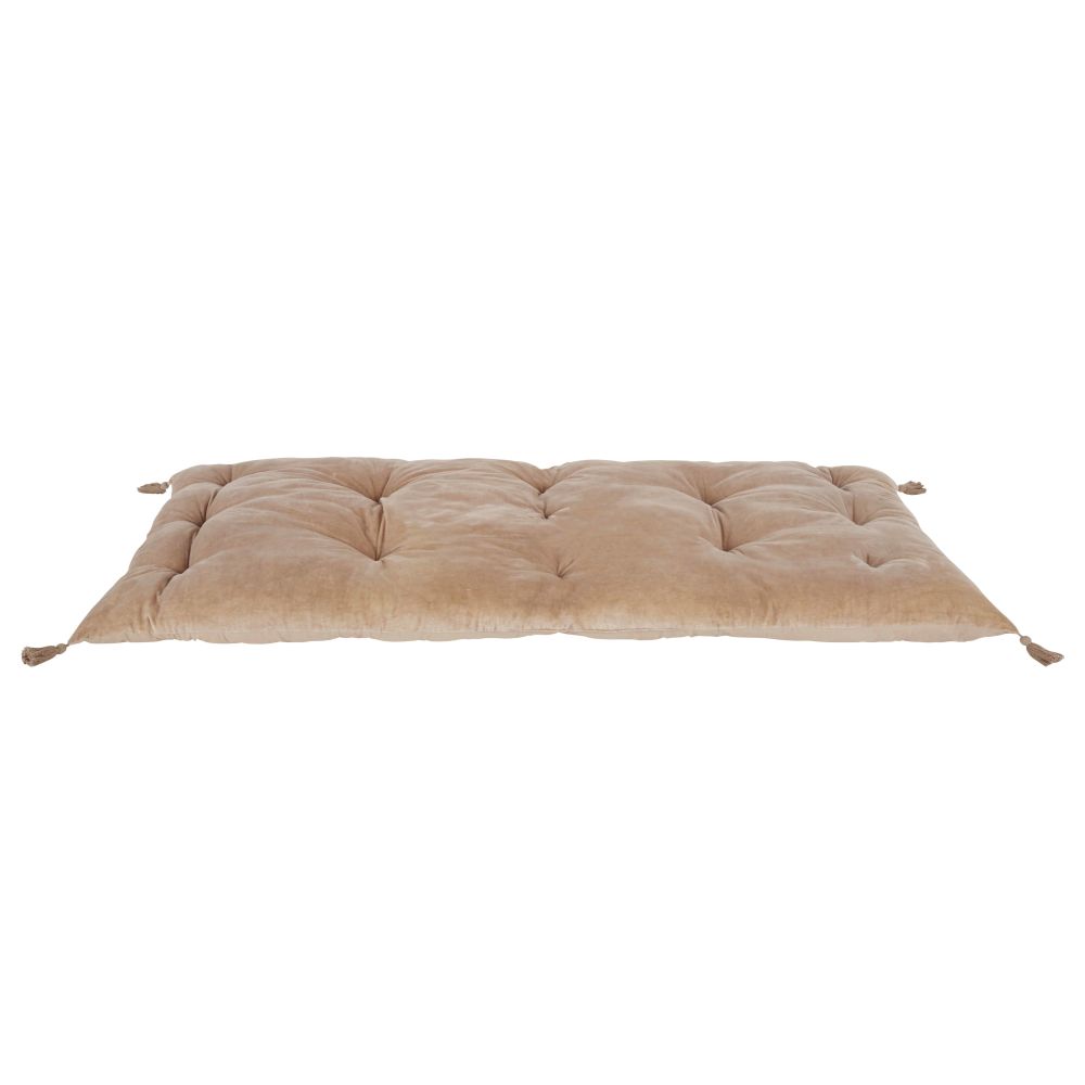 Matelas de sol en velours de coton bio taupe avec pompons 90x190 (photo) Matelas de sol en velours de coton bio taupe avec pompons 90x190