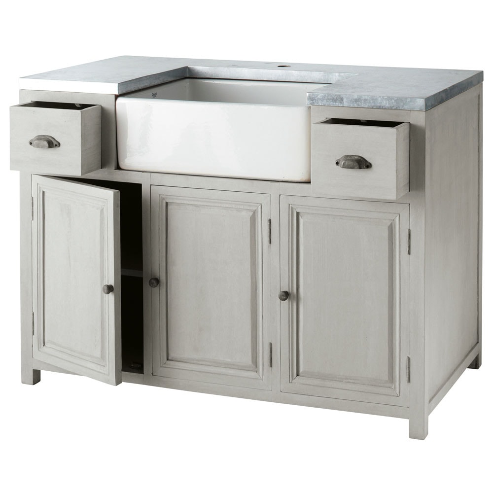 Meuble bas de cuisine avec évier en bois d'acacia gris L 120 cm Meuble bas de cuisine avec évier en bois d'acacia gris L 120 cm