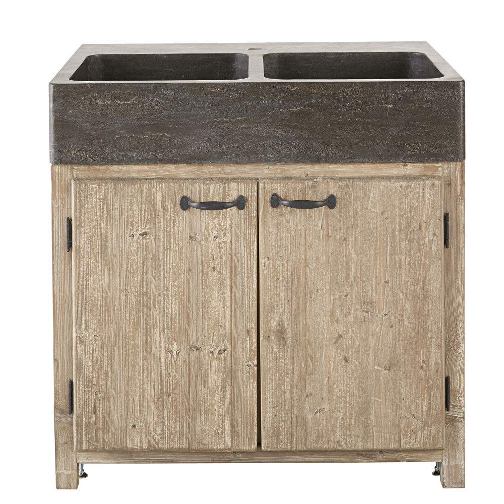 Meuble bas de cuisine pour Ã©vier 2 portes en pin recyclÃ© grisÃ©