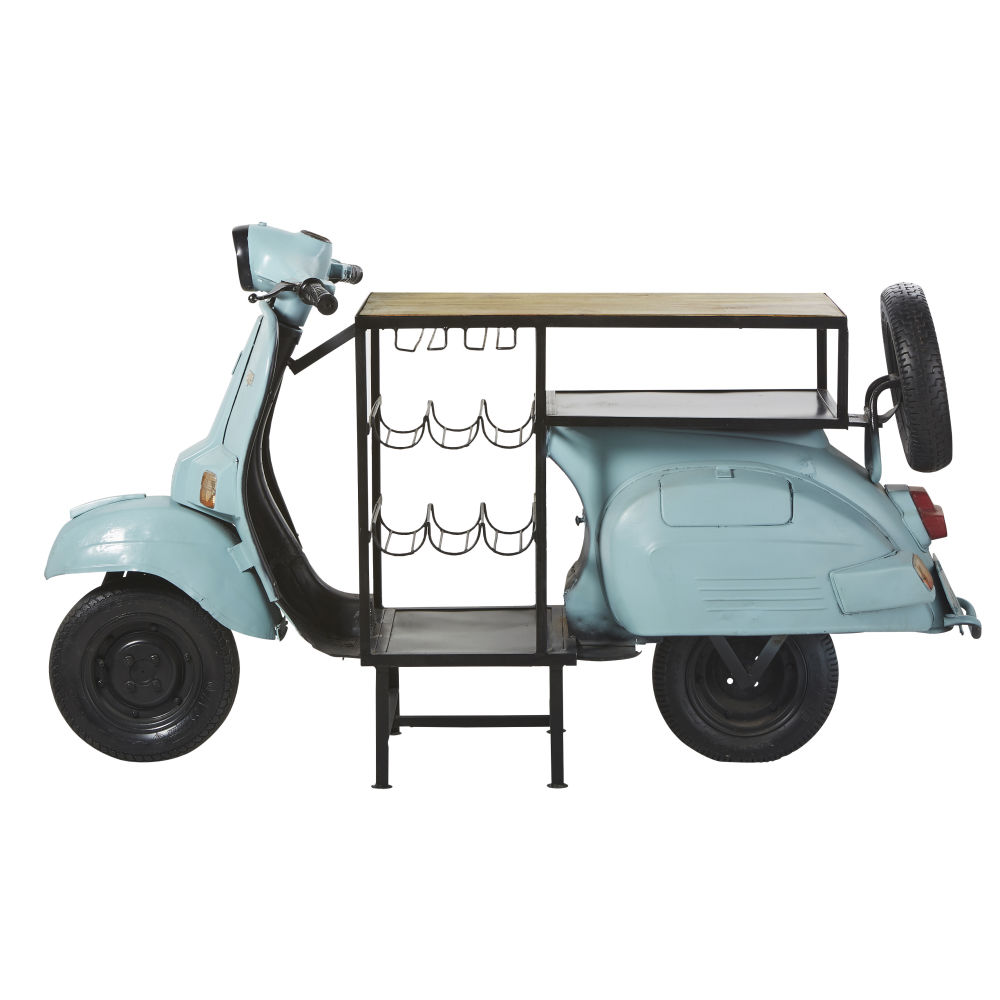 Meuble de bar scooter bleu en métal et manguier Meuble de bar scooter bleu en métal et manguier