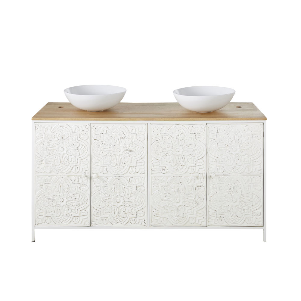 Meuble double vasque 4 portes en manguier et métal blanc sculpté (photo) Meuble double vasque 4 portes en manguier et métal blanc sculpté