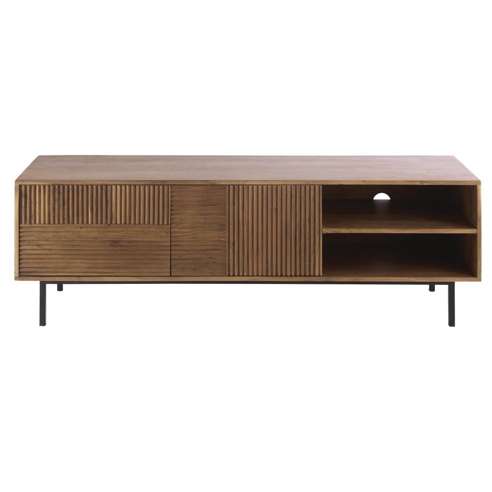 Meuble TV 2 portes striées marron noisette Meuble TV 2 portes striées marron noisette